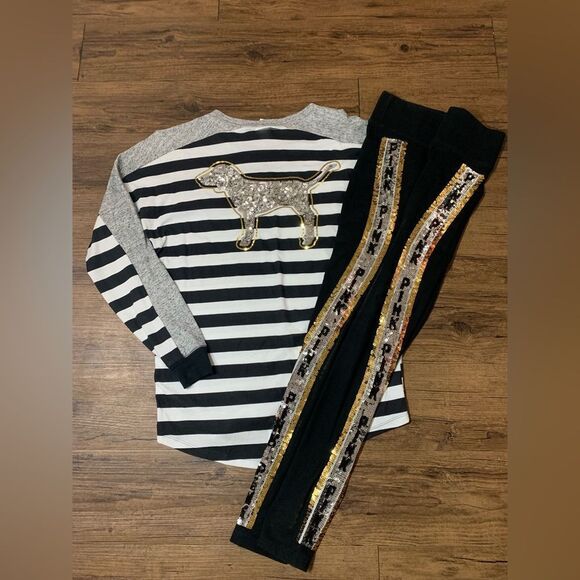 Victoria’s Secret Pink Bling Stripe Dog Tshirt/ Leggings Outfit set S - Picture 1 of 11